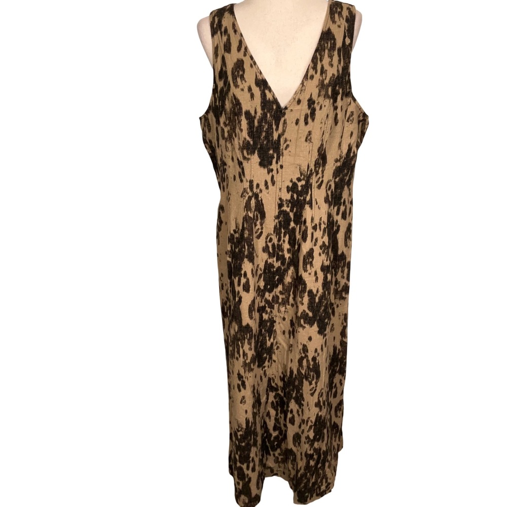Banana Republic Dress Women 16 Tan Maxi Linen Abstract Leopard Animal Summer
